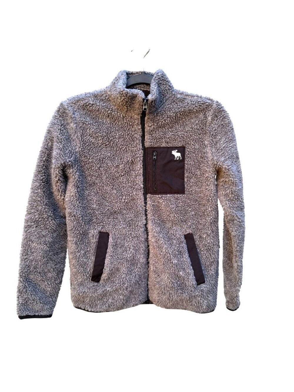 Abercrombie Kids Sherpa Fleece Zip Jacket 11 12 Boys Gray Pocket Moose Logo